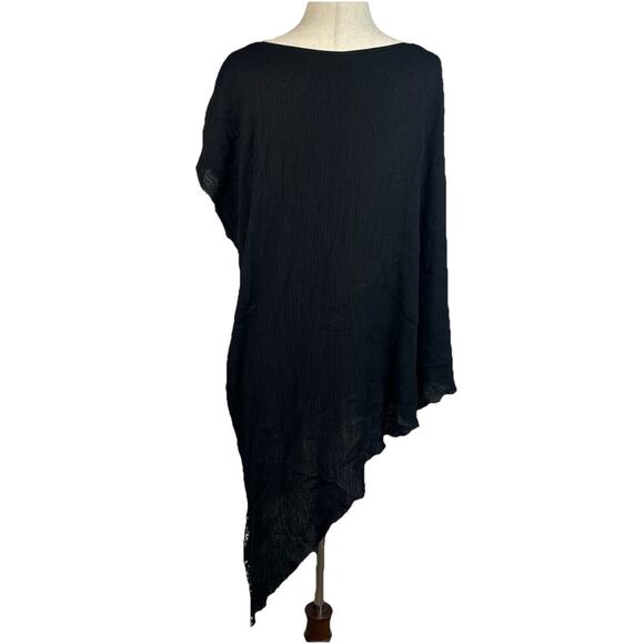 Black Pleated Asymmetrical Shawl Lace Trim Size L Floral Off The Shoulder - Picture 8 of 8